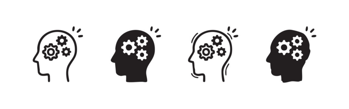 Human Head with Gears Icons Set for Thinking and Intelligence