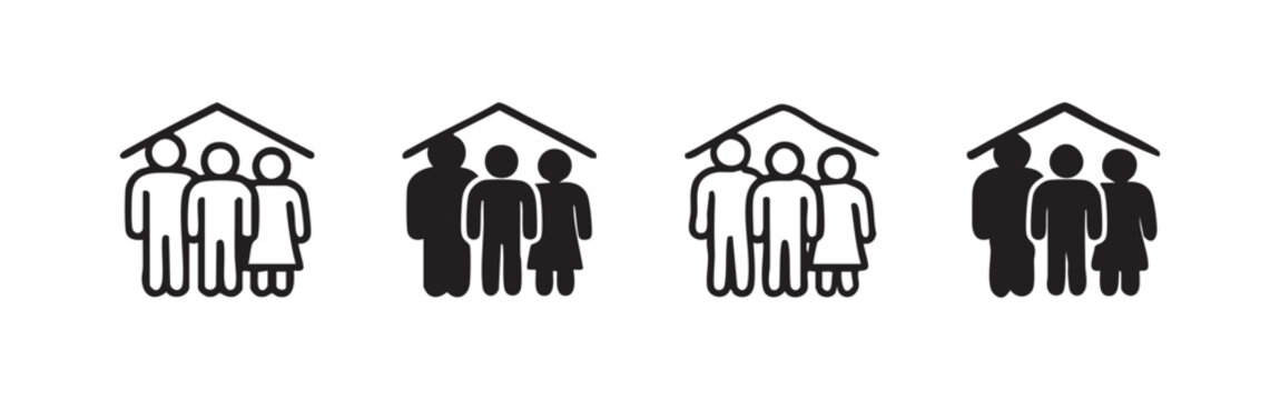 Household or living together icon set, people under roof silhouette