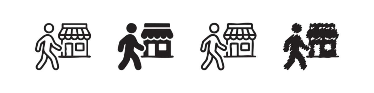 Person walking to store icon set, shopping or market visit silhouette