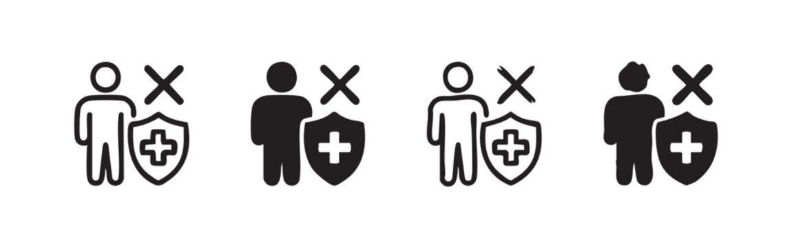 Medical health exclusion and protection icon set. Patient not covered by insurance symbol.