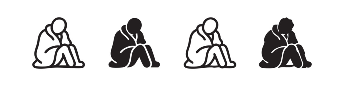 Depressed or homeless person icon set, sadness and despair symbol