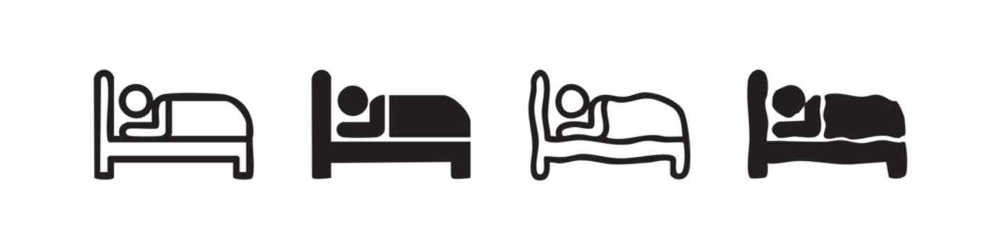 Person sleeping in a bed icon set. Rest, relaxation, and sleep time symbol.