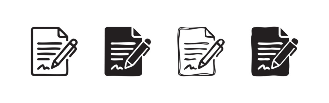 Document and pen icon set for writing, editing, or signing, with outline, solid, and doodle variations