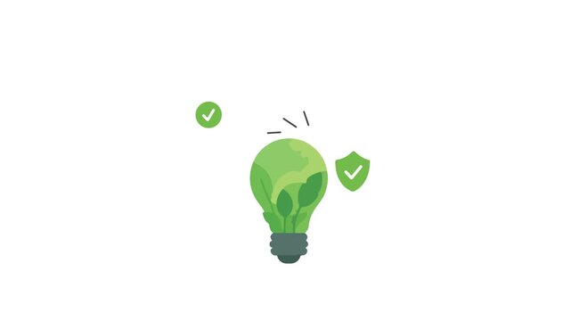 Green lightbulb with leaves and checkmarks symbolizing eco-friendly innovation