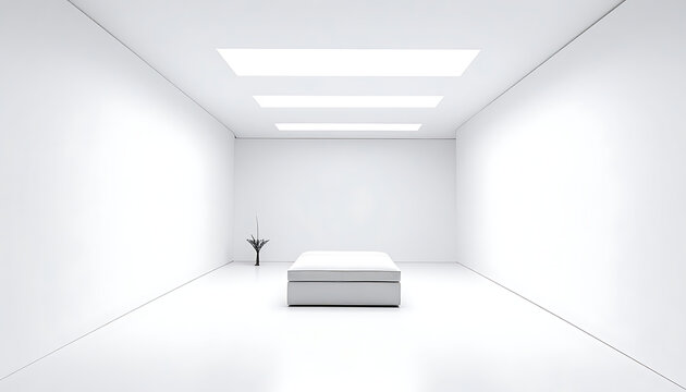 Minimalist sterile white futuristic laboratory or operating room with a central bed and overhead lighting, advanced medical setting