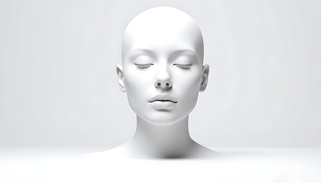 Minimalist white 3d render of a female head and shoulders with closed eyes, serene expression, soft lighting, perfect for beauty and wellness concepts