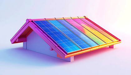 Obraz premium Modern house roof with vibrant rainbow colored solar panels, representing clean energy and sustainability, abstract technology concept