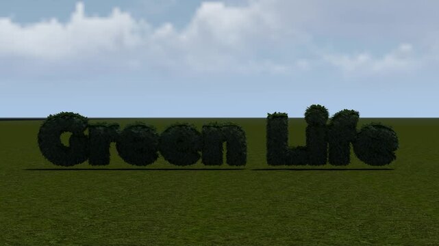 Green Life text formed by lush topiary bushes