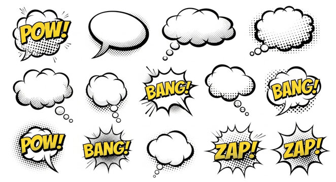 Collection of comic book speech bubbles and sound effects.