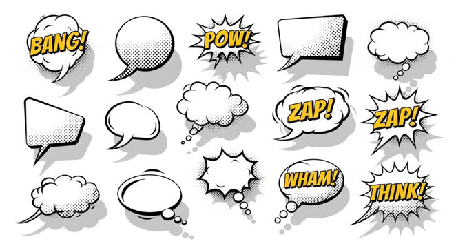 Collection of comic book speech bubbles and sound effects.