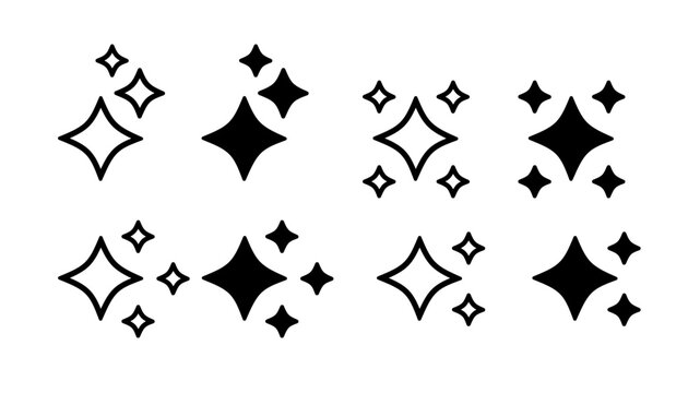 Minimal black ai sparkle star icon collection with simple geometric twinkle shapes on white background