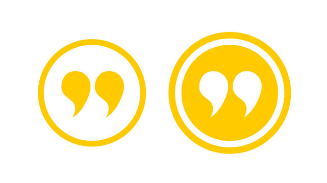 Yellow quotation mark icon set with circular frame isolated on light gray background