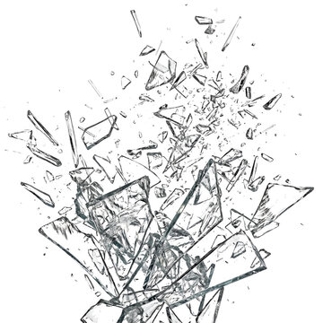 Shattered Glass Fragments Explosion Isolated on White Background