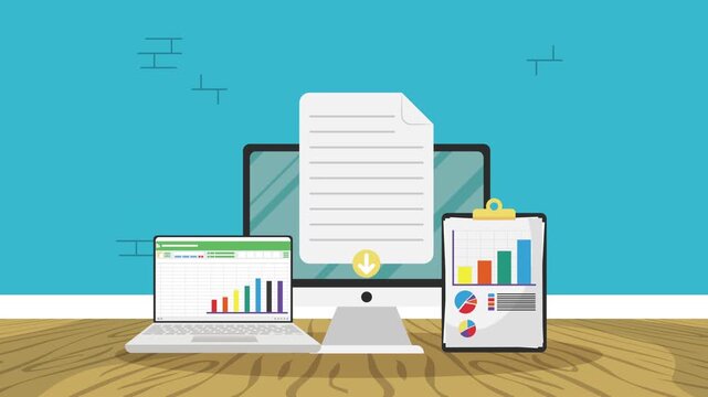 Business documents and electronic devices showing data charts and graphs on wooden table with blue background.