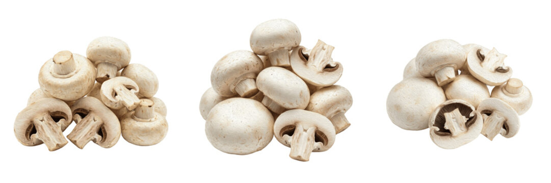 Fresh Raw White Button Mushrooms Pile Isolated on Transparent Background, Healthy Vegetable PNG for Cooking and Grocery Graphics.