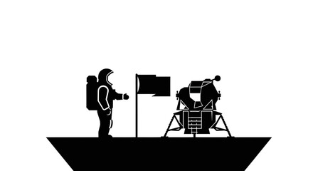 Astronaut standing next to a lunar lander and a flag on the moon surface depicts a historic achievement in space exploration. © Mezzy