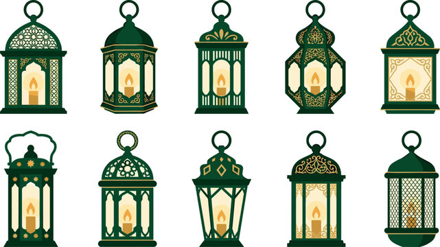 Ramadan Lantern Icon Set with Ornate Islamic Lamps Green Gold Decoration and Festive Candlelight Vector Illustration