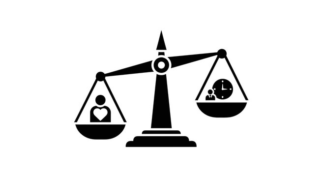 Scales of justice icon depicts the difficult decision between personal emotional fulfillment and the rigid constraints of professional time management in a modern corporate environment.