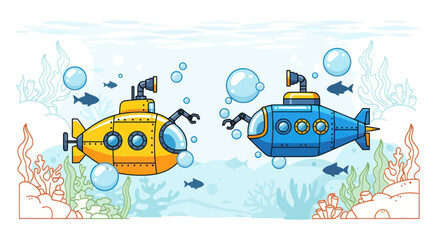 Obraz premium Two cartoon submarines exploring underwater ocean, with fish and coral reef