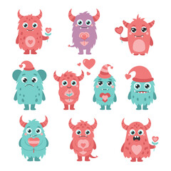 Fototapeta premium Cute Cartoon Monsters with Hearts, Valentine's Day Characters, Kawaii Style