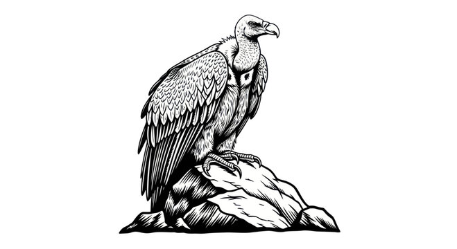 Vulture perched on a rock, detailed black and white illustration