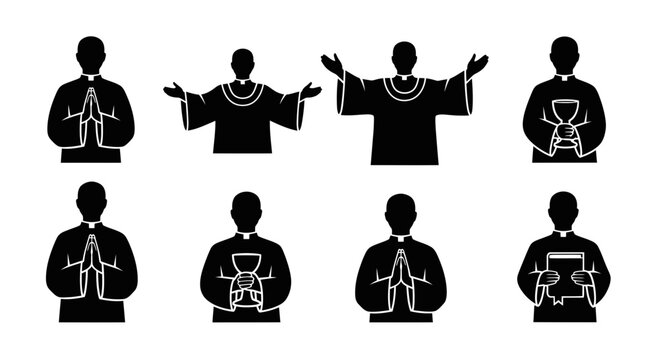 Clergy Icon Set: Priest, Minister, Pastor Silhouettes in Various Poses