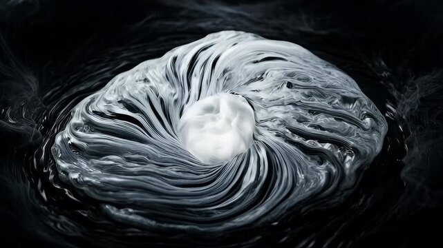 Abstract animation full frame wave saturation dark liquid swirl sphere with smooth motion, black wave glossy texture, vortex spiral fluid motion, dark center, minimal digital art design