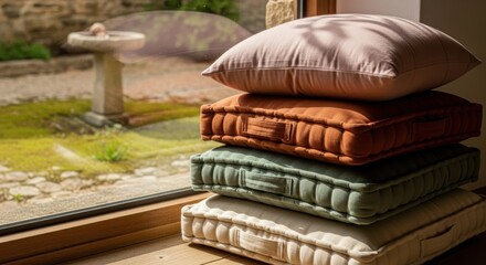 Naklejka premium Comfortable Stacked Floor Cushions Made From Organic Cotton in Earthy Tones by a Window