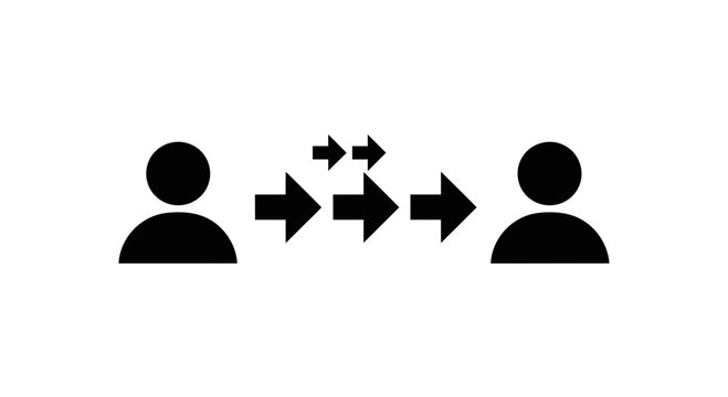 Communication icon set features abstract human figures linked by directional arrows to symbolize networking, data transfer, and interpersonal exchange.