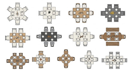 Naklejka premium Collection of Dining Table Arrangements Top View.