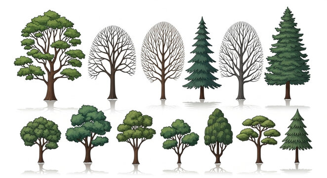 Collection of Diverse Trees in Various Styles and Seasons.