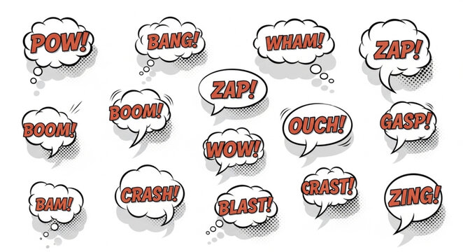 Collection of Comic Book Style Speech Bubbles with Sound Effects.