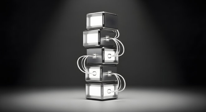 Vertical stack of glowing digital computing units connected by data cables, representing scalable server infrastructure and cloud data storage solutions
