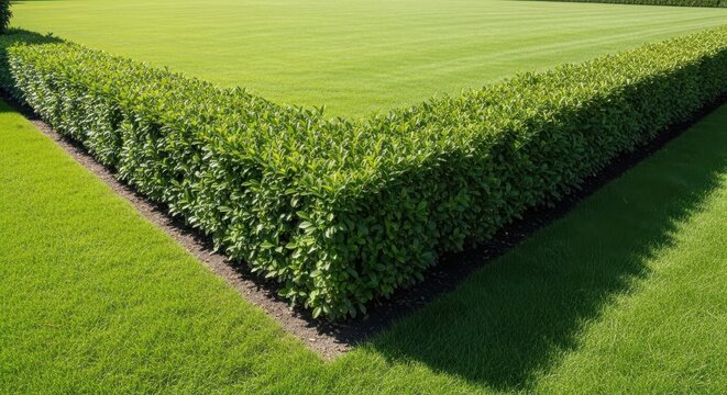 A perfectly manicured green privet hedge forming a neat border alongside a freshly cut lawn in a garden setting