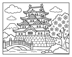 Fototapeta premium Japanese castle illustration featuring traditional architecture with a cherry blossom tree a stone bridge and mountain scenery for coloring pages