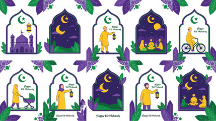 Fototapeta premium Eid Mubarak Illustration Set with Muslim Family Prayer Lantern Crescent Moon Charity and Festive Islamic Scenes Vector Illustration