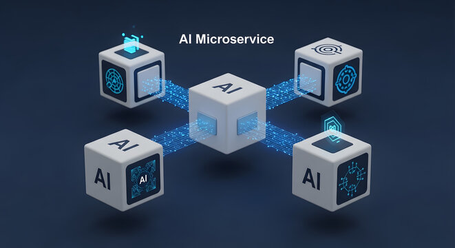 High-Tech Schematic of AI Microservices Connected by Digital Circuits Representing Modern Software Architecture, Cloud Native Applications, and Automated Logic Processing