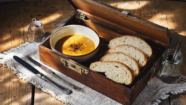 Pumpkin soup with bread in wooden box