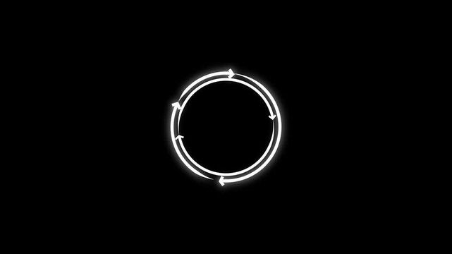 Glowing white circular loading spinner animation with rotating arrows on black background, circle.