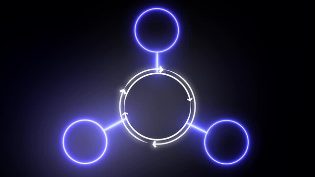 Neon glowing circular infographic with rotating arrows and connecting nodes for business presentations and data visualization.