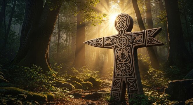 Ornate ancient wooden directional effigy standing in a sunlit forest clearing