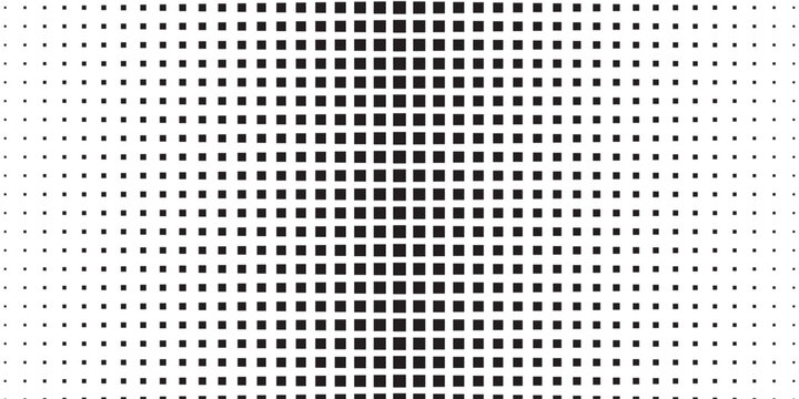 Halftone gradient texture background. Faded checkered gradation wallpaper. Black and white squared pixels. Abstract vanishing comic pop art backdrop. Vector repeating check raster effect overlay