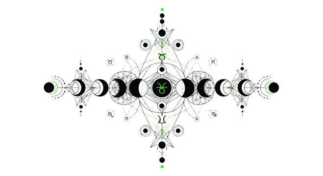 Esoteric Celestial Symbol with Zodiac Sign Capricorn, Moon Phases, Geometric Patterns