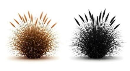 Obraz premium Two stylized grass tufts, one golden and one black, isolated on white background with soft shadows