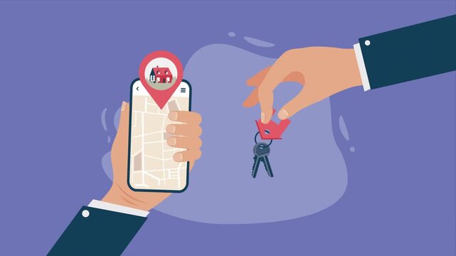 Real estate mobile application concept showing hand holding smartphone with map and keys being handed over for property rental.