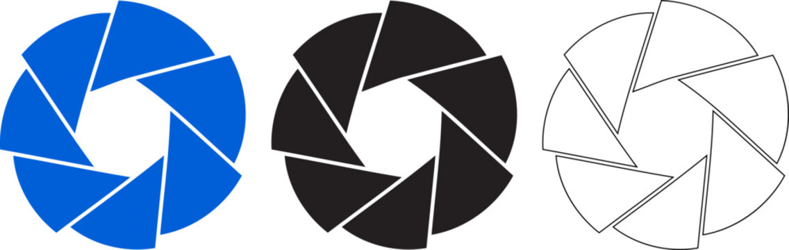 Aperture diaphragm icons blue black and line art silhouette set