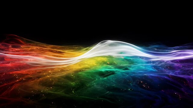 Abstract background with glasses refraction, dispersion, rainbow wave, black background, glowing colorful spectrum flow, smooth light wave, abstract glasses refraction dispersion rainbow light wave
