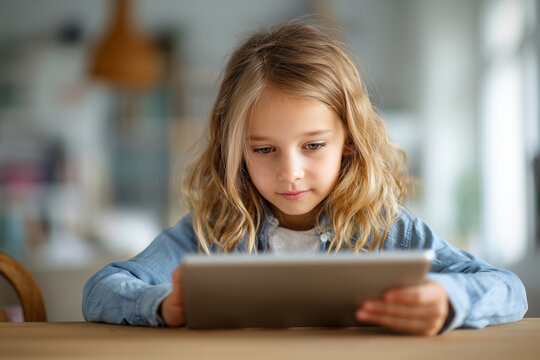 Cute blonde school-age girl sitting at a table with tablet in a bright modern home interior
