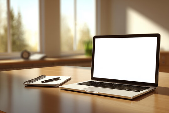 Minimalist home office workspace with a blank-screen laptop on a wooden desk, notebook and pen in soft natural morning light