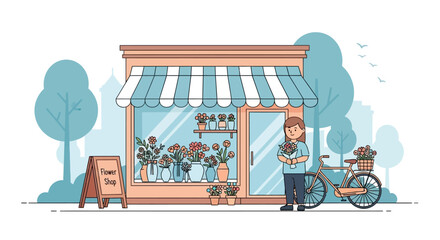 Obraz premium Charming urban flower shop illustration with a happy florist holding a fresh bouquet and a bicycle filled with blossoms, depicting a delightful small business scene on a serene street